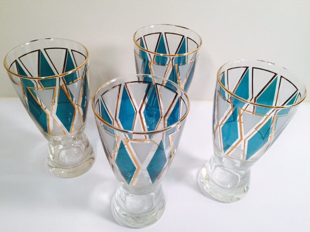 Libbey Emerald - Blue and Gold Diamond Pilsner Glasses (Set of 4)