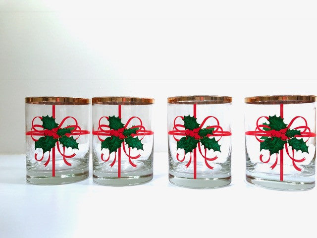 Mid-Century Christmas Holly Berry and Ribbon Double Old Fashion Glasses (Set of 4)