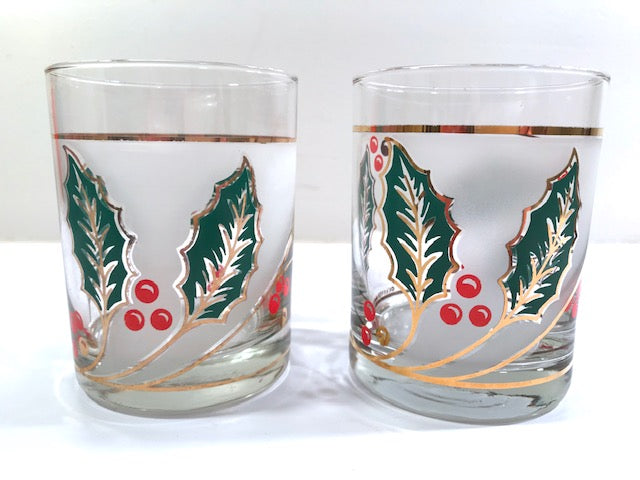 Culver Signed Mid-Century Holly Leaf Double Old Fashion Glasses (Set of 2)