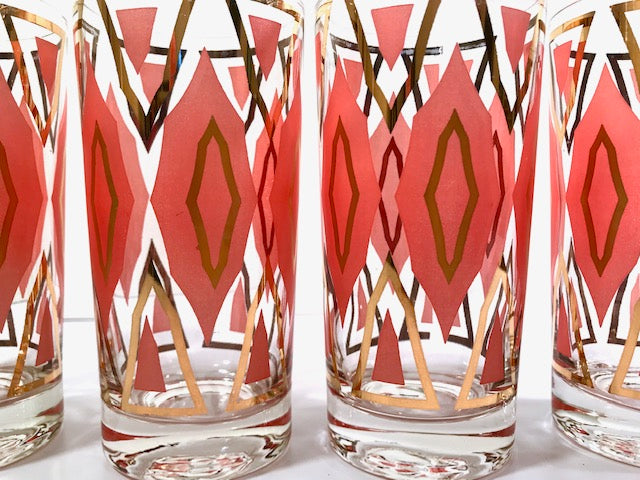 Mid-Century Geometric Gold and Orange Glasses (Set of 4)