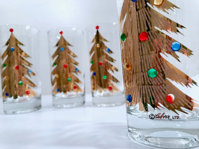 Culver Signed Mid-Century Jeweled Christmas Tree Highball Glasses (Set of 4)
