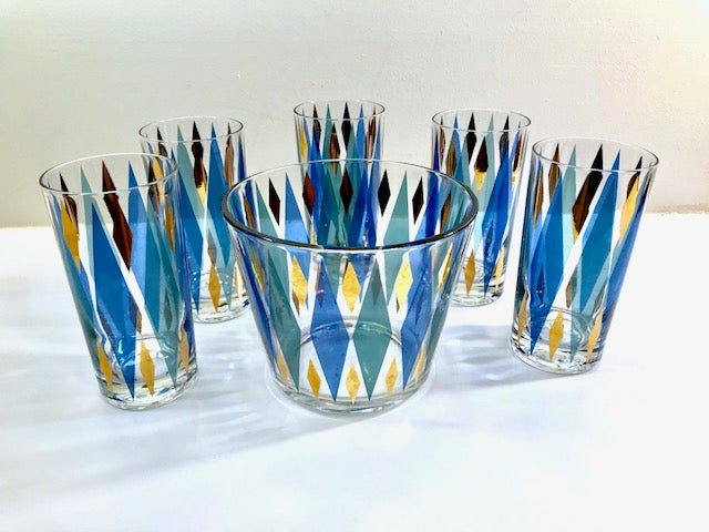 Mid-Century Blue, Green, Gold Harlequin 6-Piece Cocktail Set