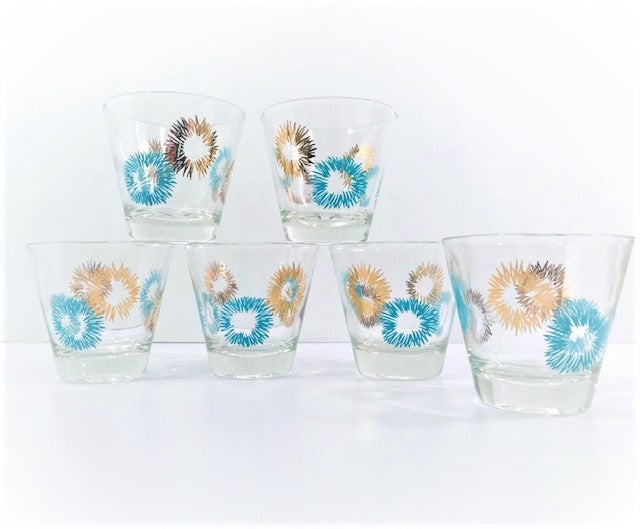 Mid-Century Gold and Turquoise Atomic Burst Glasses (Set of 6)