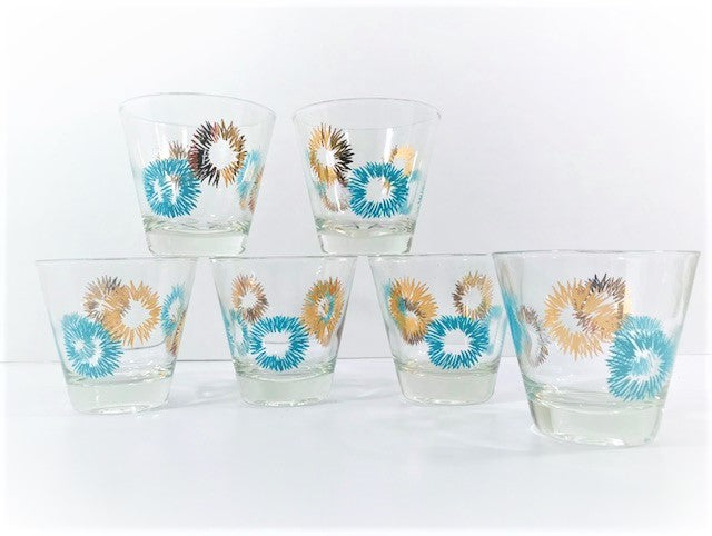 Mid-Century Gold and Turquoise Atomic Burst Glasses (Set of 6)