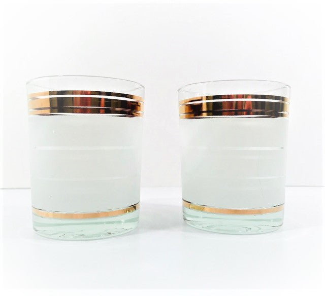 Libbey Mid-Century Gold and Frosted Band Double Old Fashion Glasses (Set of 2)