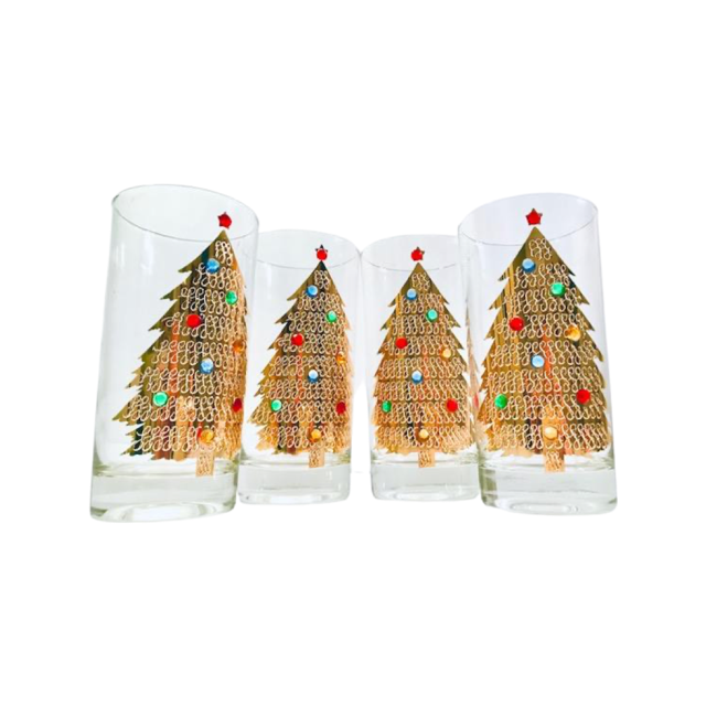 Culver Signed Mid-Century Jeweled Christmas Tree Highball Glasses (Set of 4)