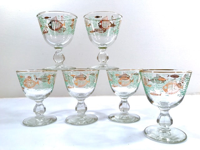 Libbey Mid-Century Marine Life Atomic Fish Sherbet and Cordial Glasses (Set of 6)