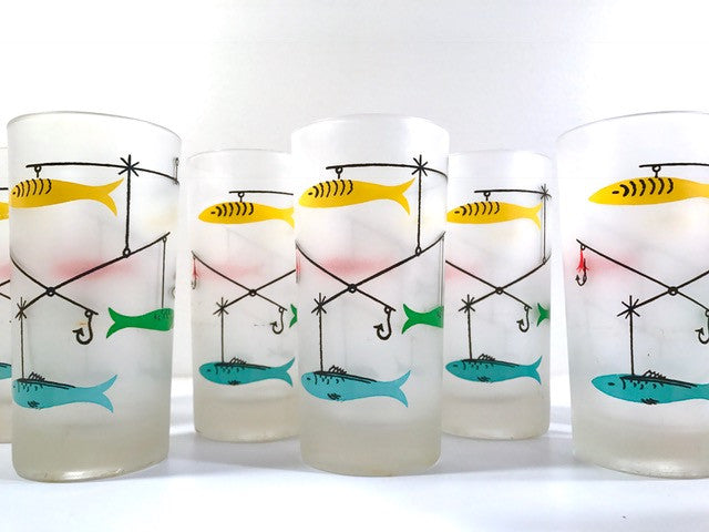 Mid-Century Fishing Lure Glasses with Carrier (Set of 8)