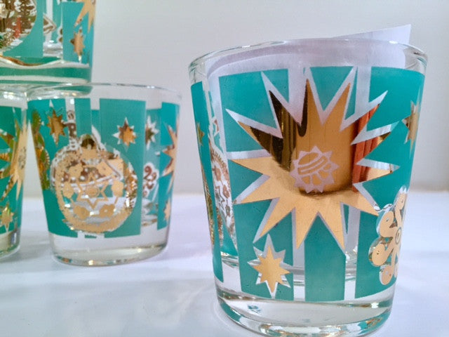 Mid-Century Turquoise and 22-Karat Gold Old Fashion Glasses (Set of 6)