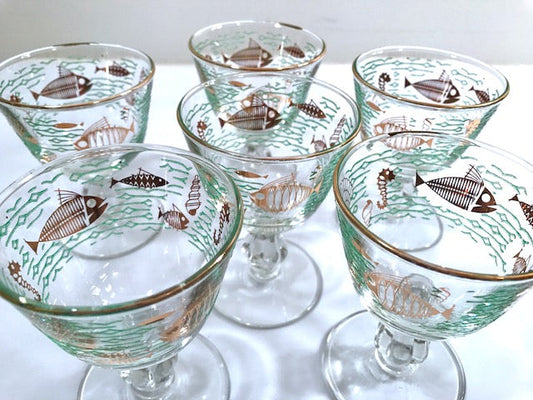 Libbey Mid-Century Marine Life Atomic Fish Sherbet and Cordial Glasses (Set of 6)