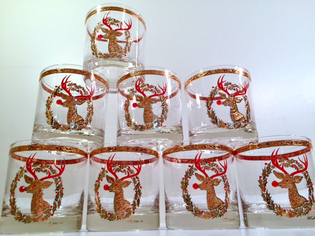 Culver Signed Mid-Century Rudolph The Red Nose Reindeer Old Fashion Glasses - Rare (Set of 8)