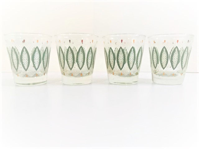 Libbey Mid-Century Gold-Green and White Whiskey Glasses (Set of 4)