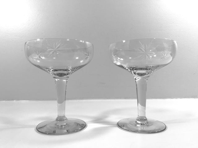 Mid-Century Etched Starburst Champagne Glasses (Set of 2)