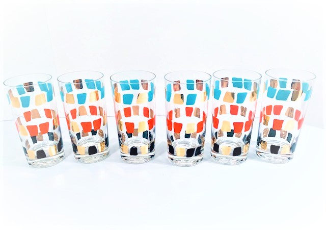 Mid-Century Gold-Turquoise-Orange and Black Glasses (Set of 6)