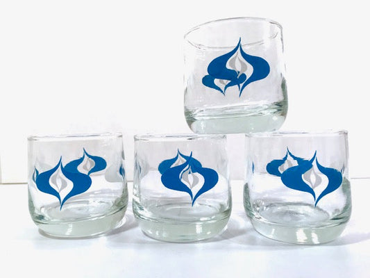 Mid-Century Blue and White Atomic Roly Poly Glasses (Set of 4)