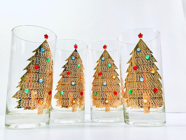 Culver Signed Mid-Century Jeweled Christmas Tree Highball Glasses (Set of 4)