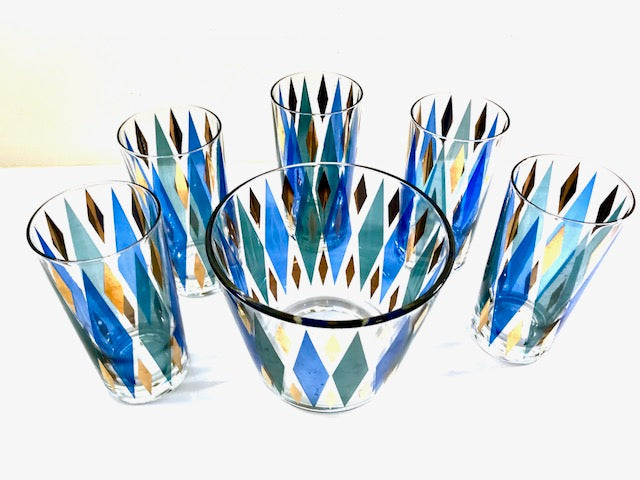 Mid-Century Blue, Green, Gold Harlequin 6-Piece Cocktail Set