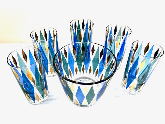 Mid-Century Blue, Green, Gold Harlequin 6-Piece Cocktail Set