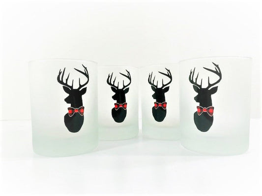 Culver Signed Mid-Century Plaid Reindeer Double Old Fashion Glasses (Set of 4)
