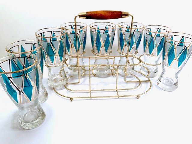 Libbey Mid-Century Emerald Blue and 22-Karat Gold Diamond Pilsner Glasses With Atomic Carrier (Set of 8)