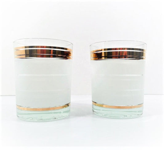 Libbey Mid-Century Gold and Frosted Band Double Old Fashion Glasses (Set of 2)