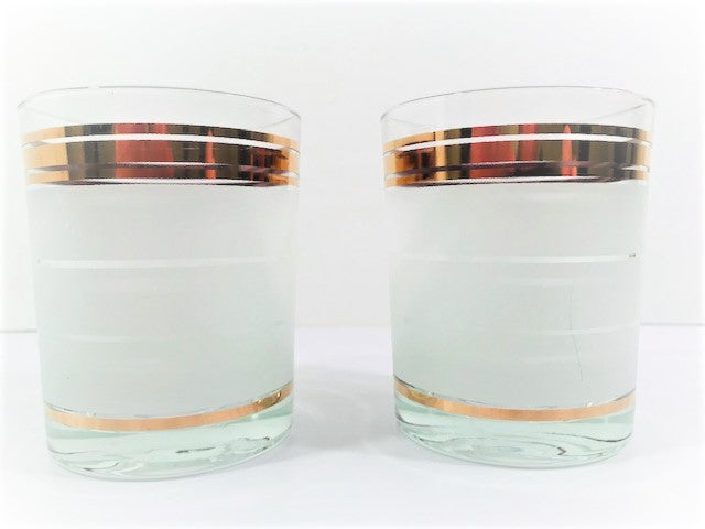 Libbey Mid-Century Gold and Frosted Band Double Old Fashion Glasses (Set of 2)