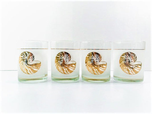 Culver Signed Mid-Century Golden Seashells Double Old Fashion Glasses (Set of 4)