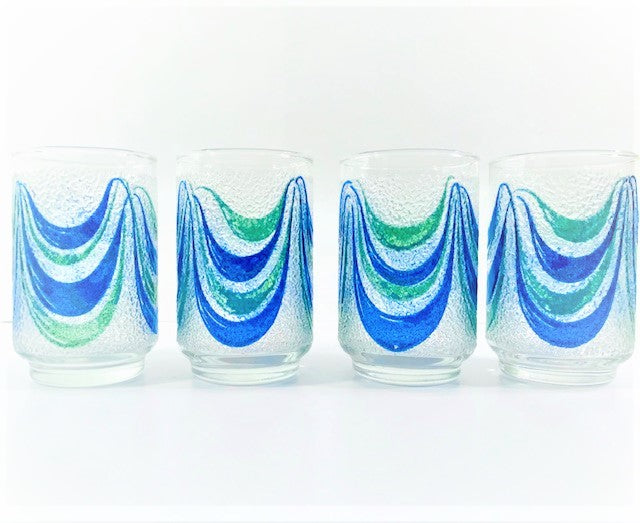 Libbey Mid-Century Green and Blue Swag Glasses (Set of 4)