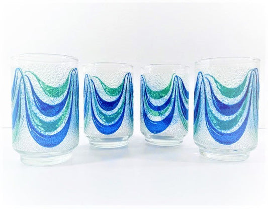 Libbey Mid-Century Green and Blue Swag Glasses (Set of 4)