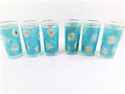 Libbey Mid-Century Partytime Star Frost Gold and Turquoise Atomic Stars Glasses (Set of 6)