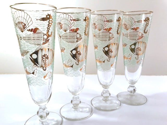 Libbey Mid-Century Marine Life Pilsner/Champagne Glasses (Set of 4)